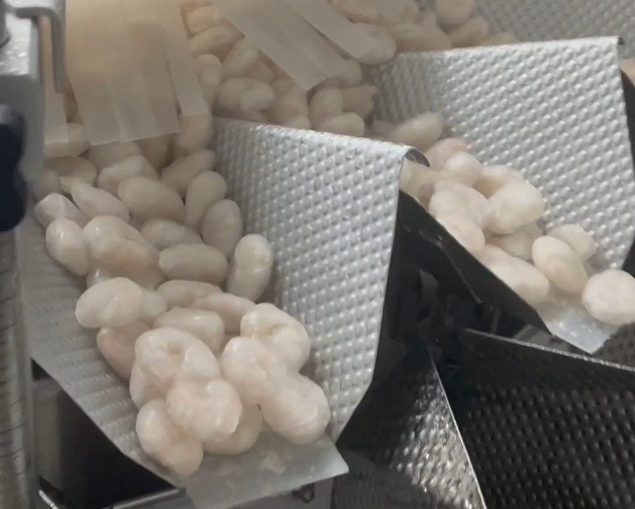 Peso 200g~1500g de la blanco del sistema del taller helado del camarón de la empaquetadora del pesador de los SS que embala 304
