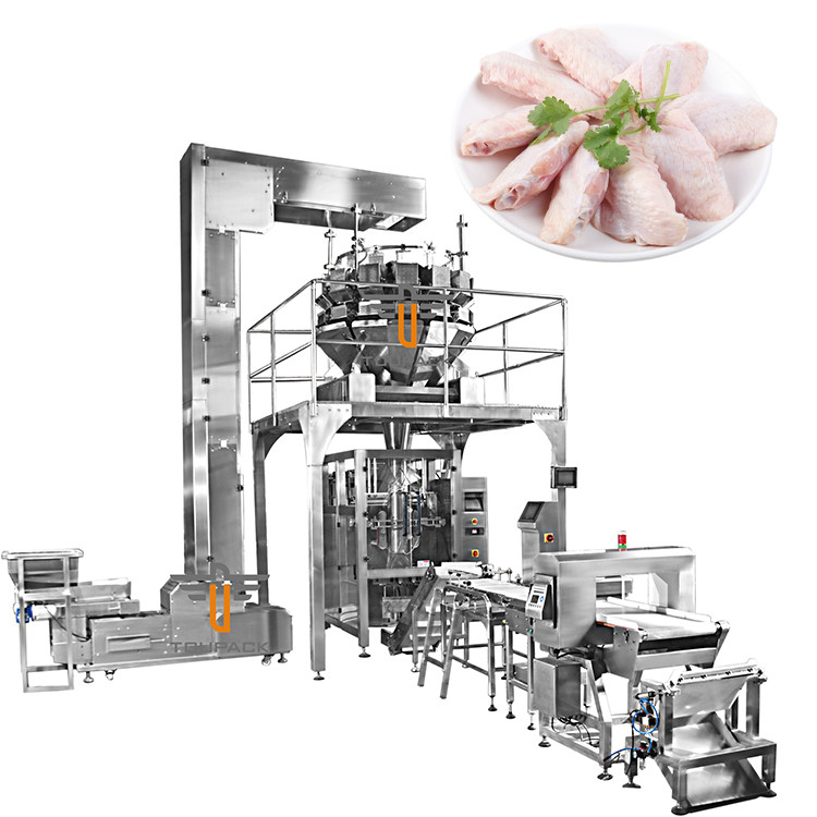 VFFS Máquina de llenado de pesas verticales de alimentos congelados Broiler de alas de pollo Pierna de pato Cuello de embalaje