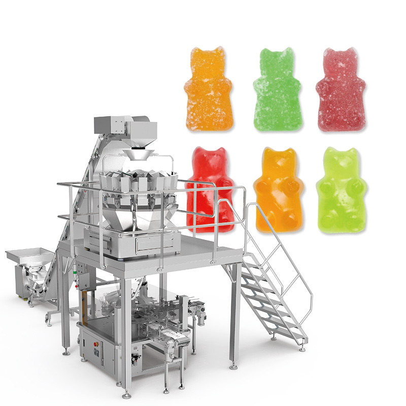 QQ Caramelos Gummies Queso Valla adhesiva multicabeza Pesadora de galletas automática Máquina de embalaje de galletas para bolsas de cremallera Bolsa de pie