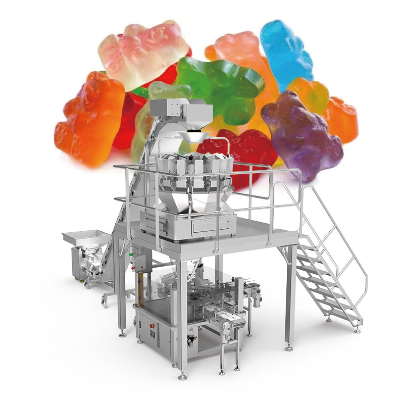 Máquina automática de embalaje de frutos secos, gomas, caramelos, bolsas de cerradura, bolsas de cartón, con sistema de pesas de varias cabezas