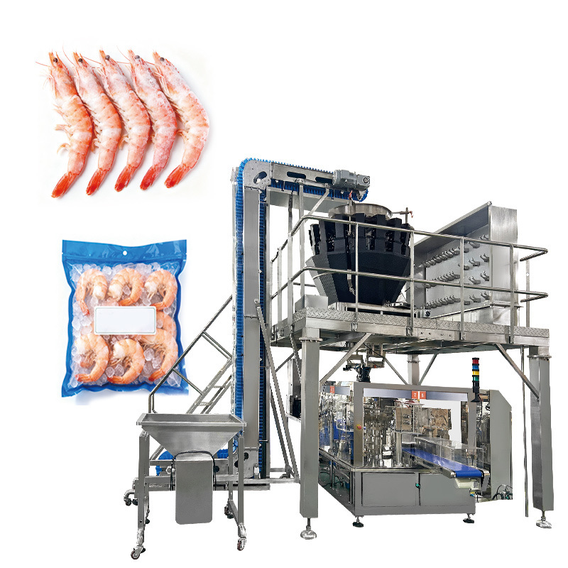 Máquina empacadora de bolsas Doypack prefabricadas automáticas para empaque de camarones congelados, muslos de pollo y nuggets de pollo