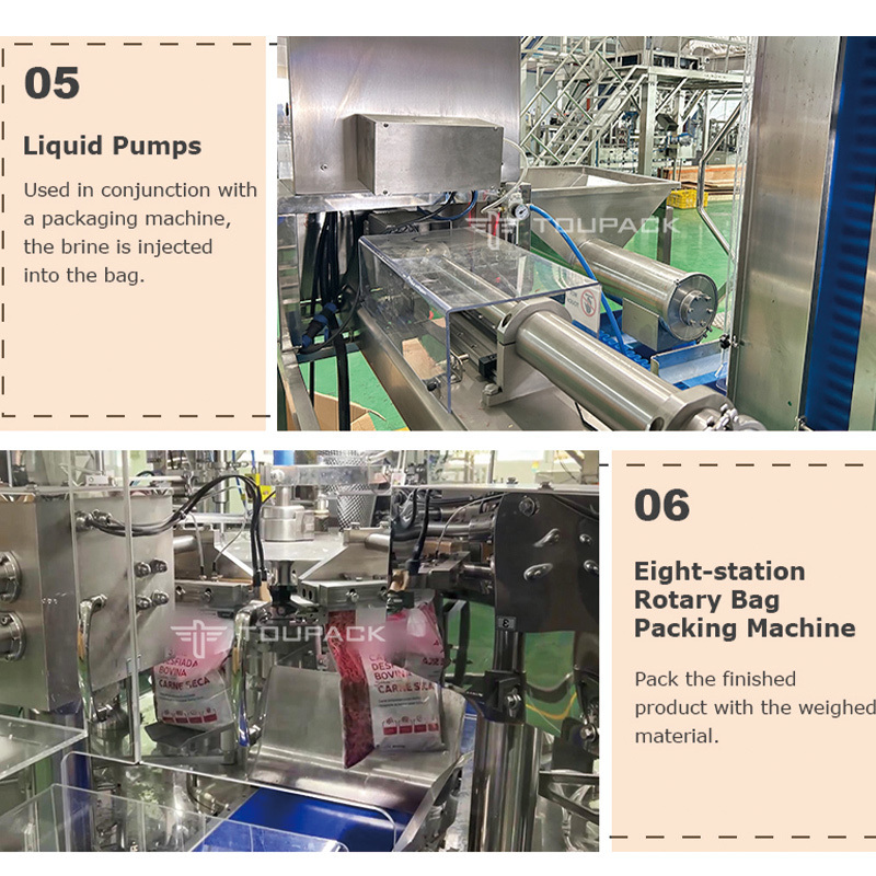 Maquina de embalaje de bandejas de carne de alimentos frescos con varias cabezas de pesado de calamar camarón de almeja abalón bolsa de cremallera máquina de embalaje automática
