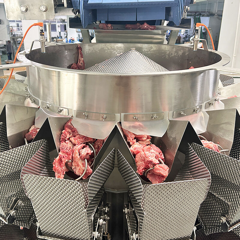 Productos congelados línea de embalaje de bandeja automática de alimentación de tornillo de cabeza múltiple pesador