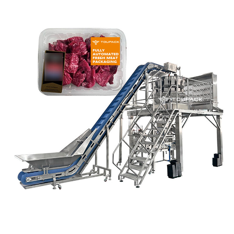 Línea automática de envasado de ensaladas y frutas con máquina selladora de bandejas con pesador multicabezal para comidas preparadas