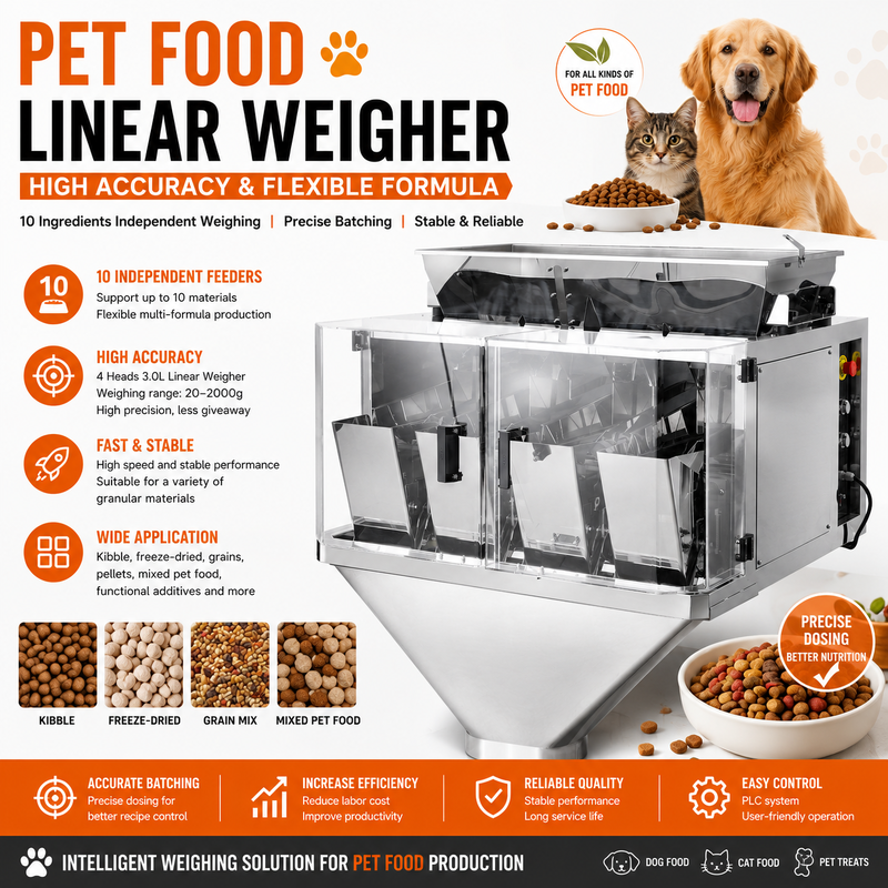 Máquina empacadora automática de bolsas Doy, pesadora lineal a juego para material granular de alimentación seca para mascotas mayores