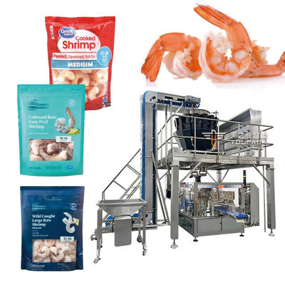 Máquina empacadora de bolsas Doypack prefabricadas automáticas para empaque de camarones congelados, muslos de pollo y nuggets de pollo