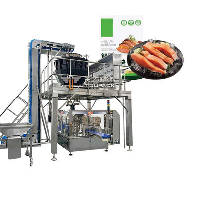 Máquina automática para envasado, llenado y pesaje de jerky de pollo y carne de res, con cierre zipper, en bolsas prefabricadas Doypack, para productos congelados y mariscos