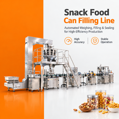 Máquina automática de llenado y pesaje de snacks inflados con sellado y etiquetado de latas